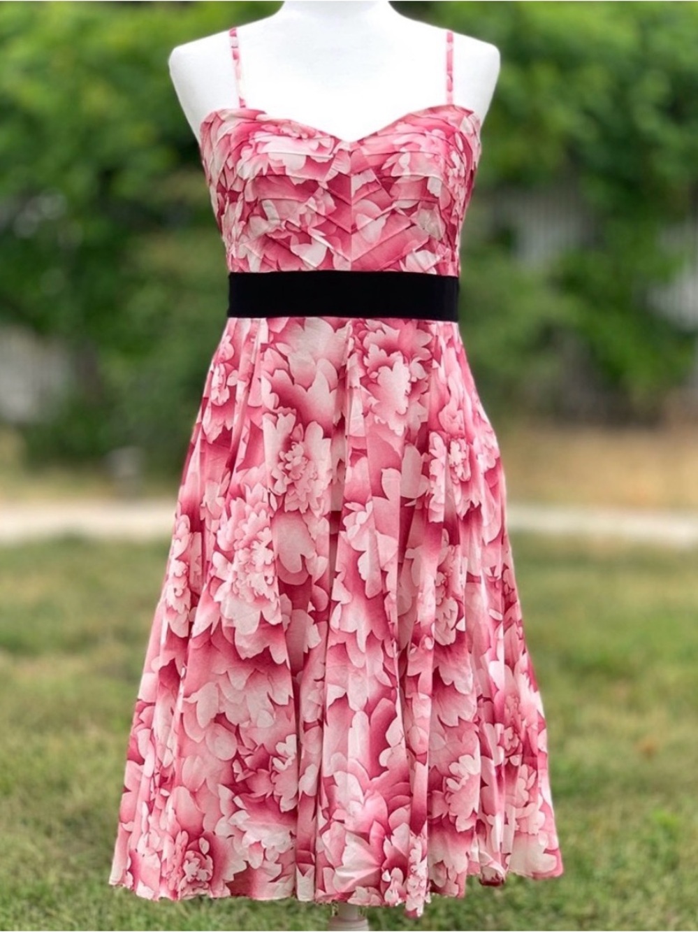 Anthropologie Maeve Red Floral Spaghetti/Strapless Midi Skater Swing Dress, 10